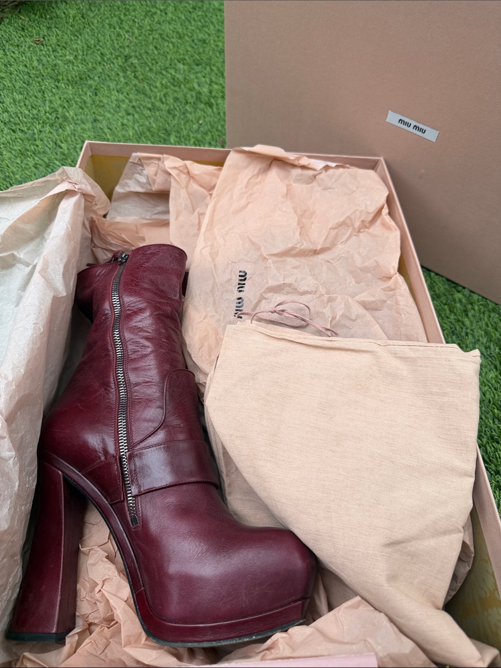 Miu Miu Wine Red Leather Platform Ankle Boots